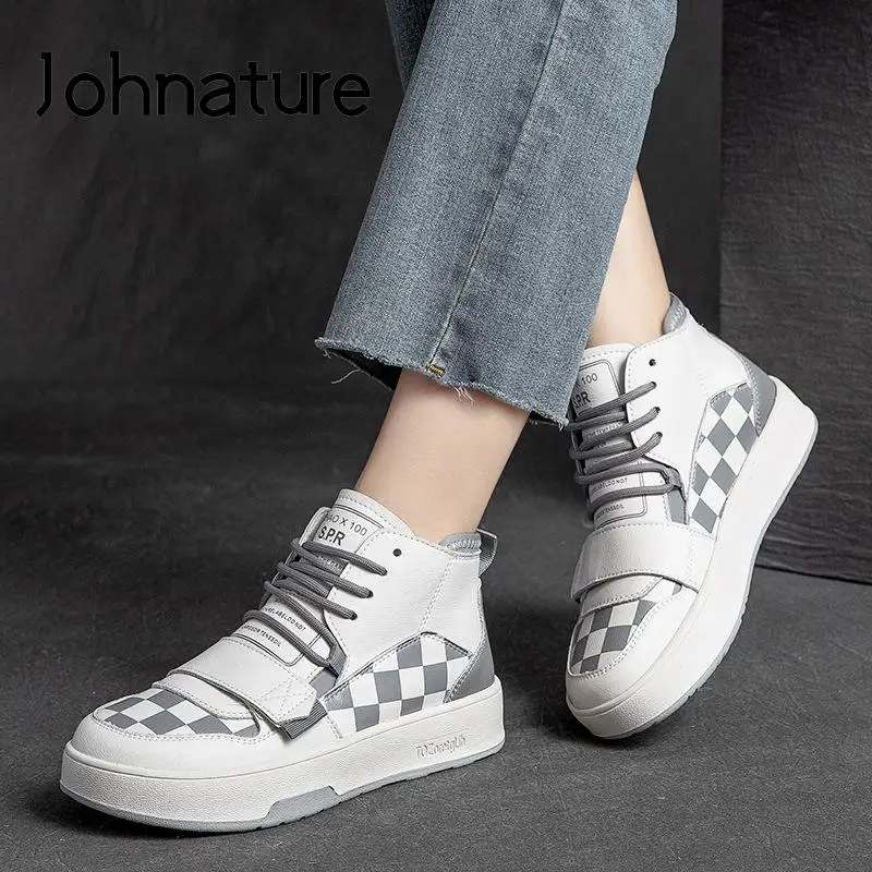 

Johnature Lace-up Genuine Leather Women Shoes Mixed Colors 2022 New Spring Sewing All-match Concise Leisure Platform Sneakers