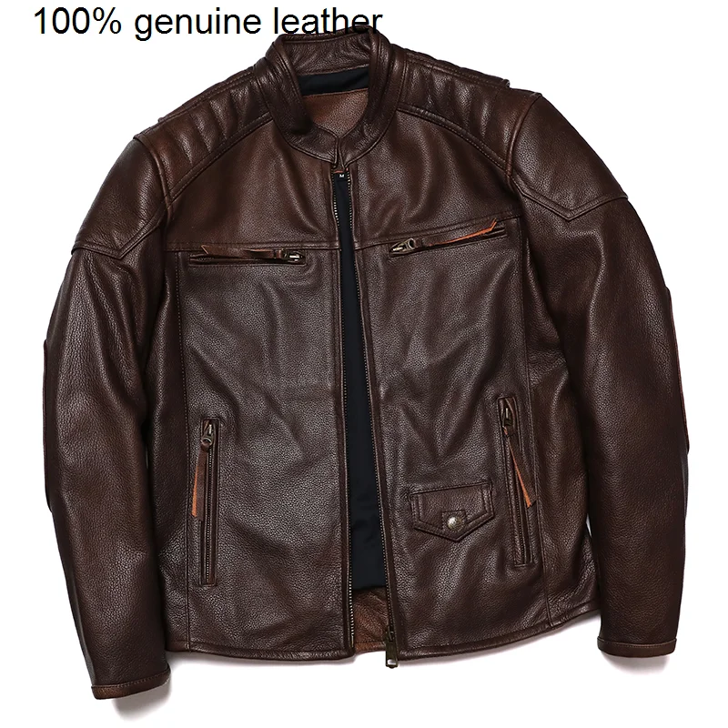 

Мужская байкерская куртка из натуральной воловьей кожи, коричневая приталенная куртка в винтажном стиле, 2023