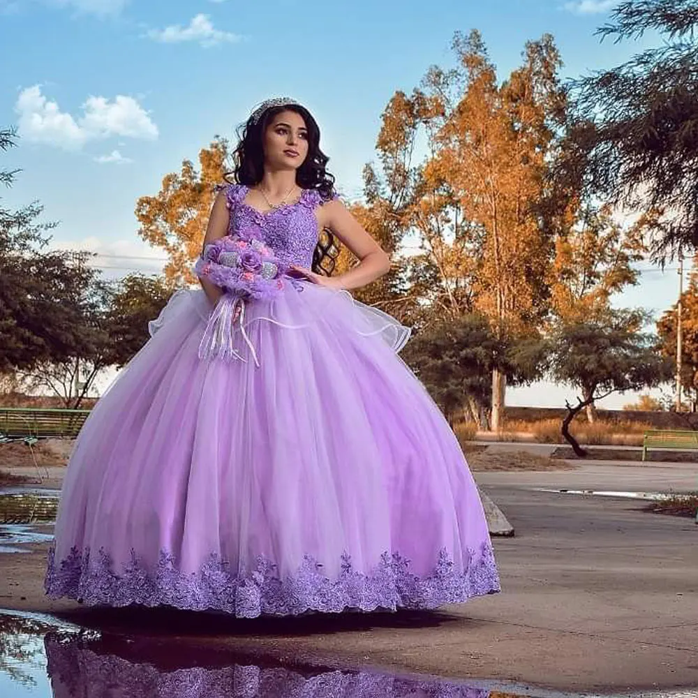 

Lavender Tulle Quinceanera Dress 2024 3D Floral Purple Vestidos De 15 Años Ball Gown Sweet 16 Birthday Party Gown Custom Made