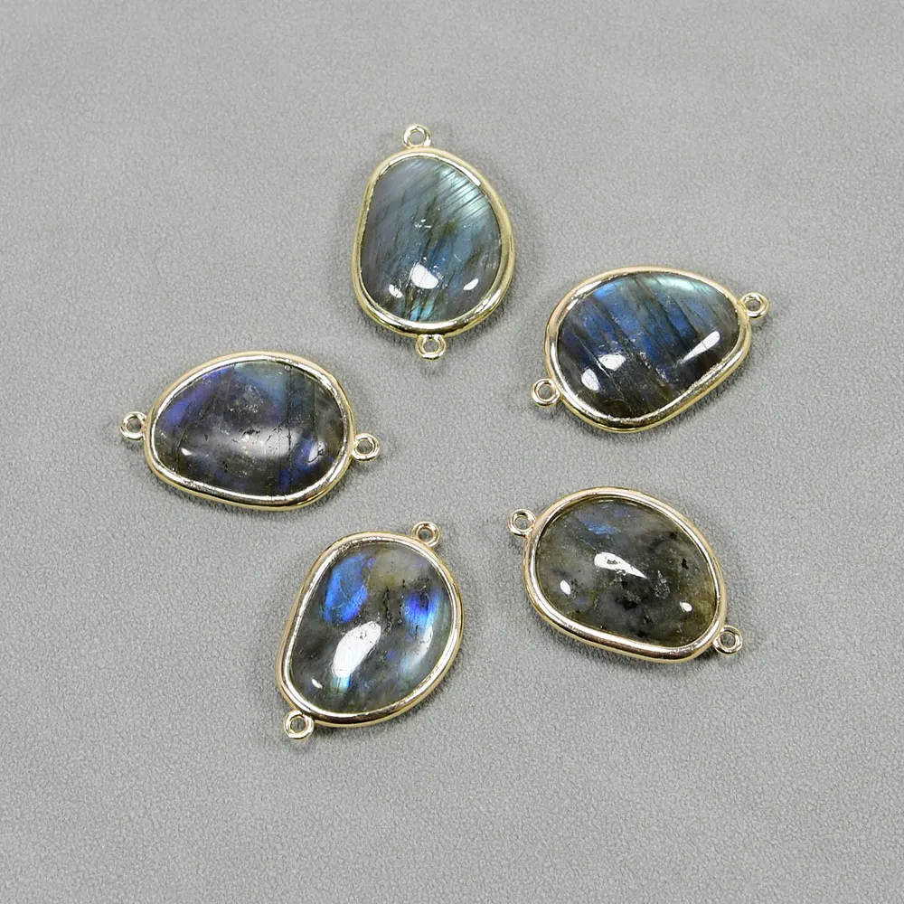 APDGG 5 Pcs Natural Labradorite Smooth Double Bail 24K Gold Plated Bezel Sets Connector Pearl Necklace Pendant Jewelry DIY