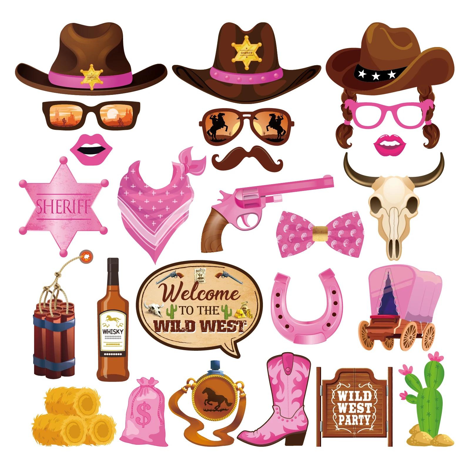 

Pink Wild West Cowgirl Theme Photo Booth Props DIY Funny Decoration Baby Shower Birthday Party Photo Shoot Prop Supplies Favors