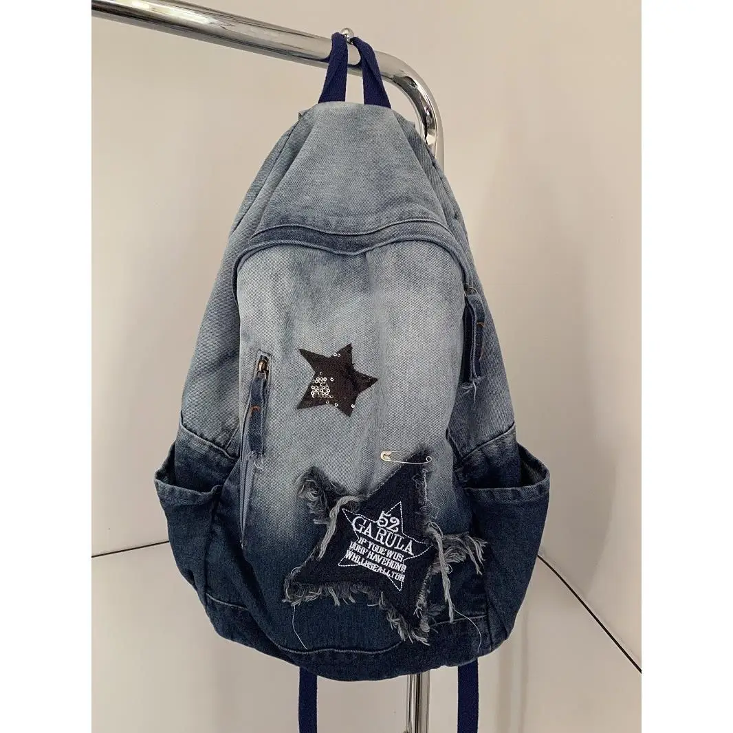 Y2K Korean Vintage Casual Denim Book Bag Cowboy Backpack Student Bags Schoolbag Kids Travel Girls Ladies Backpacks For Women