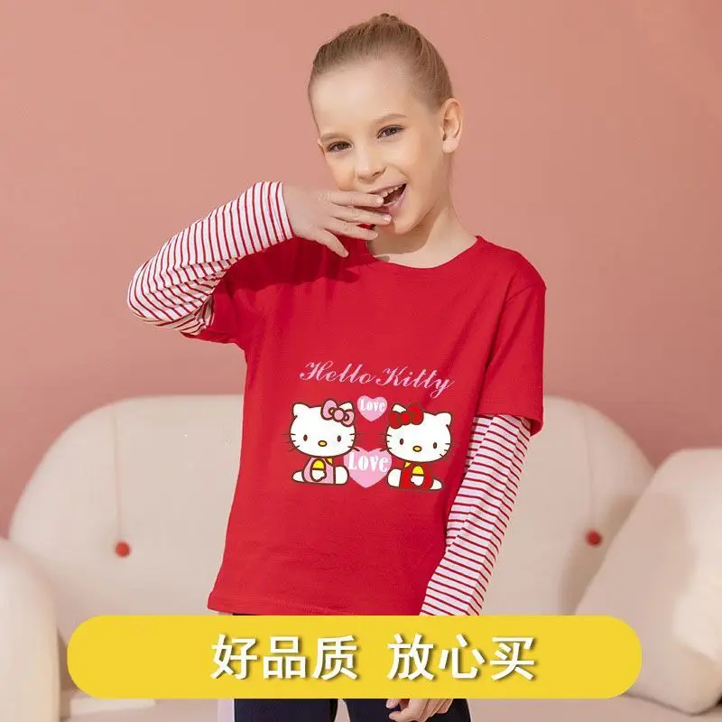 

Anime Kawaii Sanrio Hello Kitty Cartoon Children's Fake Two-Piece Longsleeved Bottoming Shirt Fashion Cute Tshirt Gifts for Kids