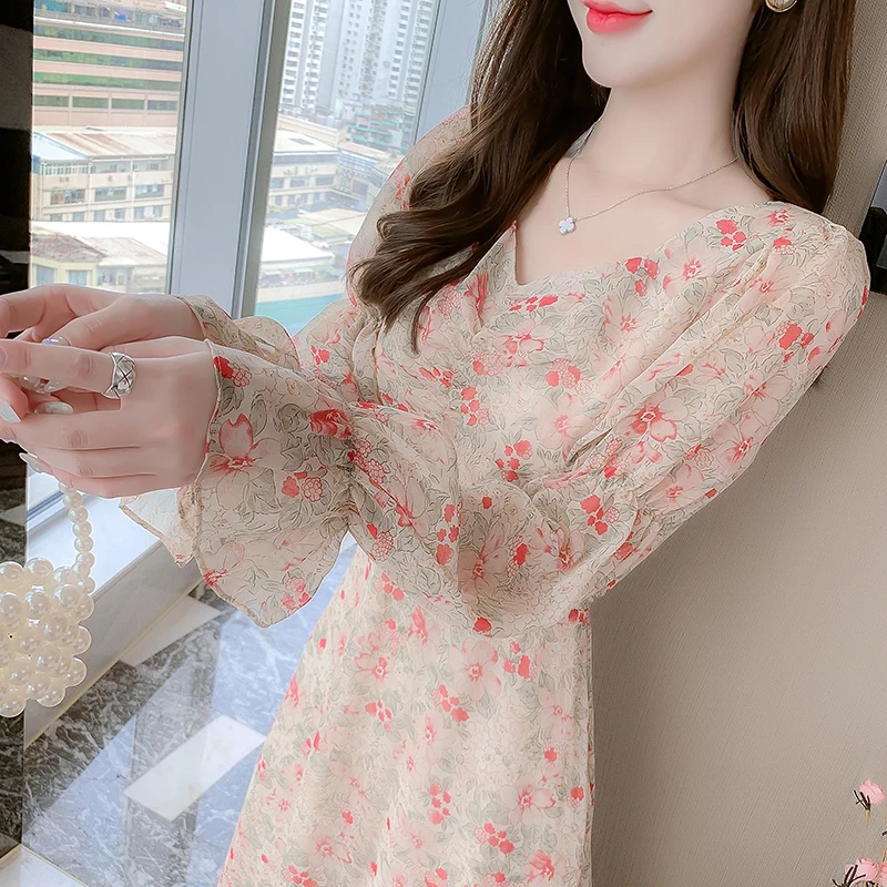 

Женское шифоновое платье с каскадными оборками, элегантное платье с длинным рукавом и V-образным вырезом, весна 2022