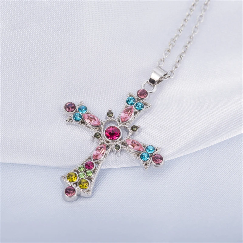 

Women Pink Rhinestone Cross Pendant Vintage Chains Collar Necklace Collares Goth Accessories Valentines Day Gift
