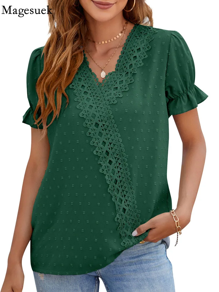 

V Neck Short Sleeve Lace Blouse 2022 Summer Casual Tops Blouse Fashion Women Shirt Women Loose Sweet Vintage Blusas New 21959
