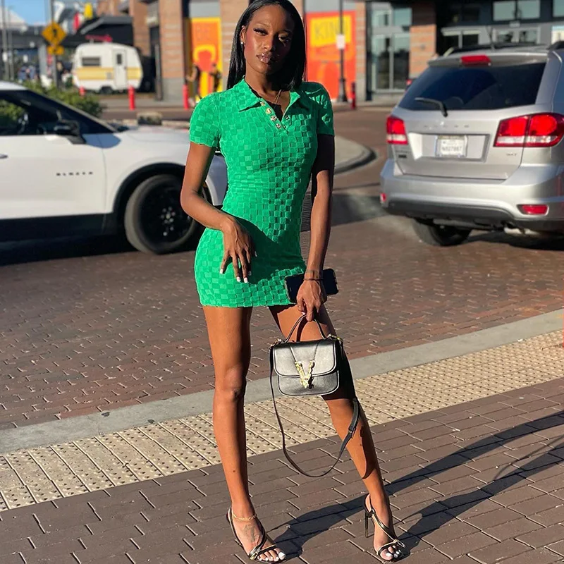 

FTS 2022 Summer High Quality Elegant Female Clothing Lapel Short Sleeves Hip Wrap Slim Casual Mini Dresses For Women