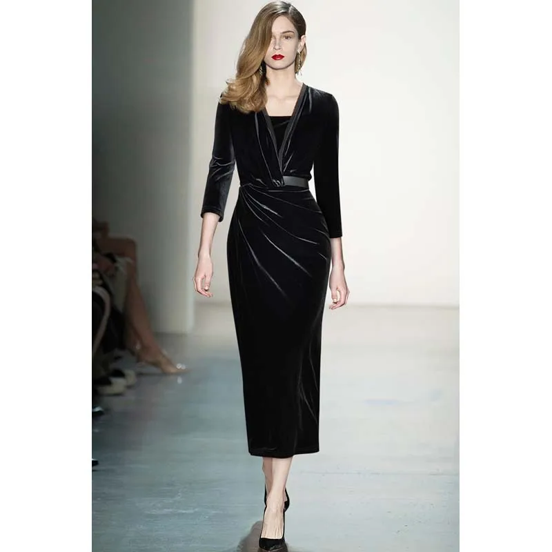 Janeyiren Fall/Winter V-neck belted high-waisted slim black party velvet pencil skirt
