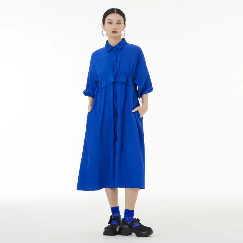 

EVLOOKS French Lapel Long Dress Women Summer 2022 New Loose Cuff Drawstring A-Line Elegant Casual Maxi Robe Woman