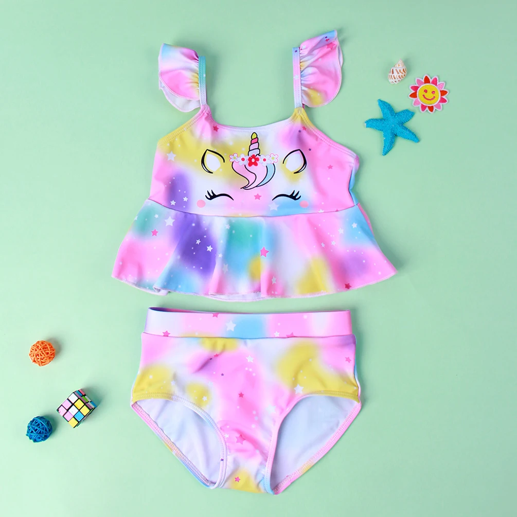 

Girl's Two Piece Swimsuit, Children's Unicorn Pattern Ruffle Hem Fly Sleeve Tops Swimming Shorts for Kids