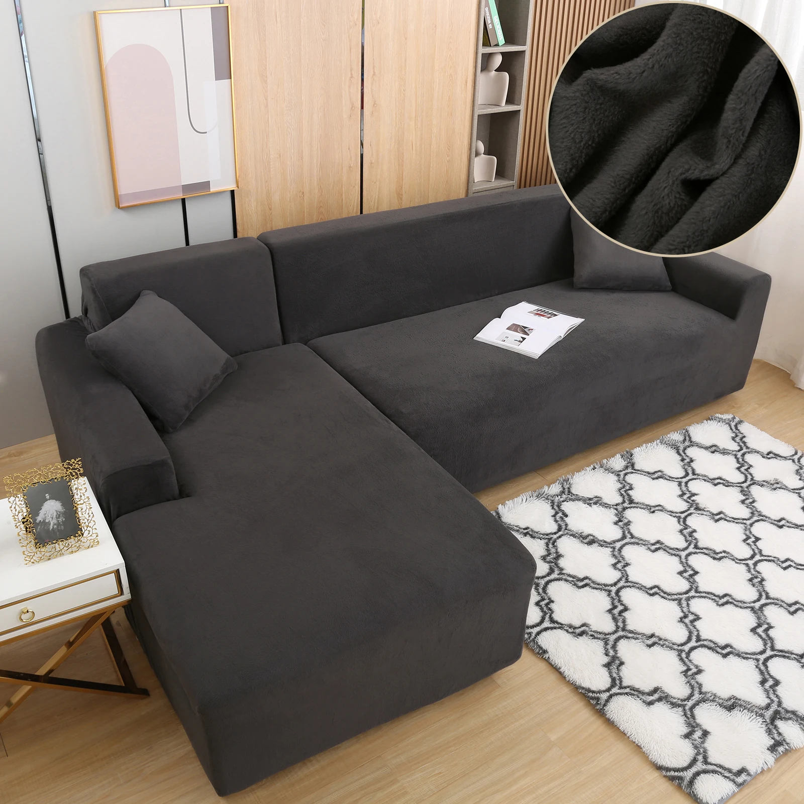 

Velvet Plush Sofa Cover For L Shape Sofa Corner Couch Elastic Couch Cover For Sofa Slipcovers For Living Room 3-Seater