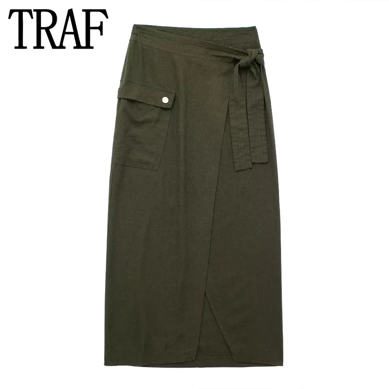 

TRAF Sarong Long Skirt Women Khaki High Waist Skirts Woman Fashion 2023 Summer Wrap Midi Skirts for Women Belt Beach Woman Skirt