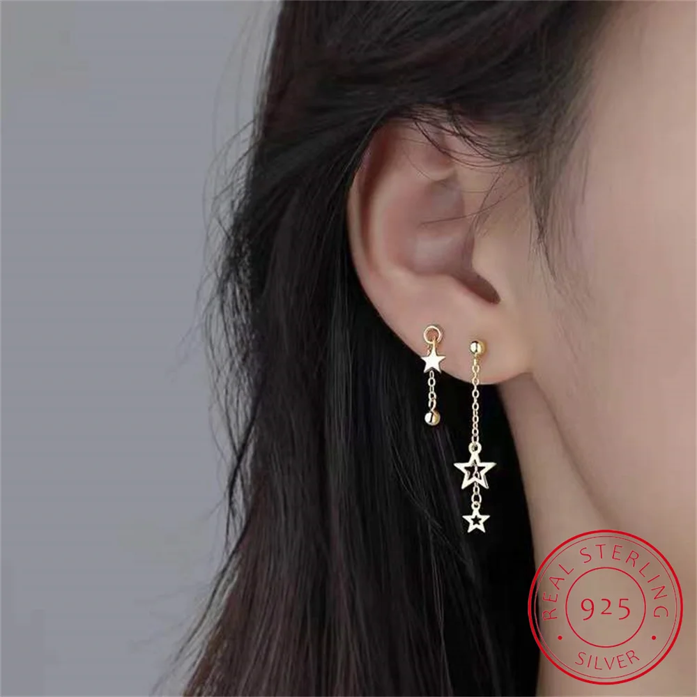 

S925 Sterling Silver Star Tassel Earrings for Women Light Luxury Simple Stud Earring Jewelry Wedding Gift