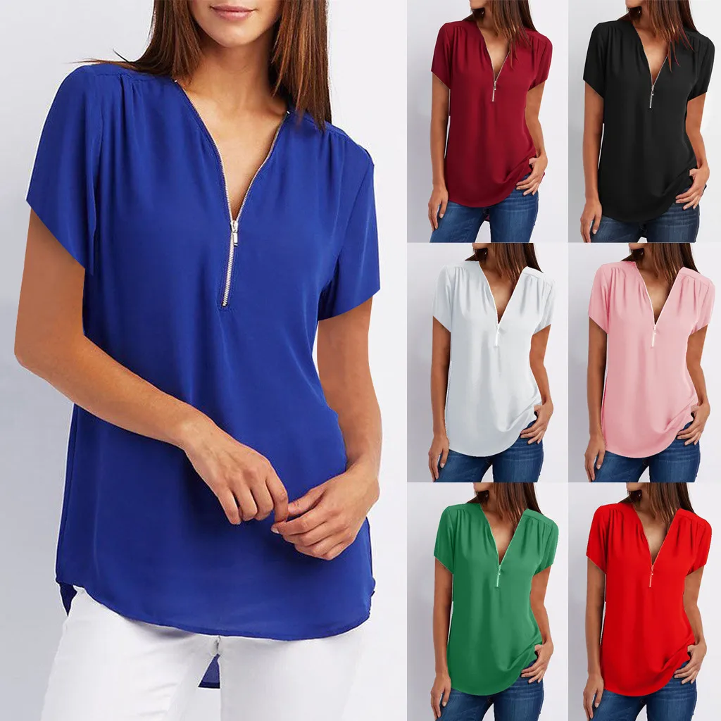 

Summer White Black Blouse Woman Fashion Zipper V Neck Casual Shirts Solid Color Female Lady Blouses Tops