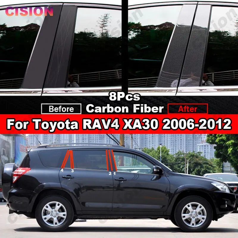 Фото 8x Автомобильная оконная дверная Колонка B C столб крышка отделка для Toyota RAV4 XA30 2006-2012 углеродное волокно черный зеркальный эффект наклейка для ПК №5