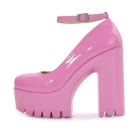 women sexy pumps platform chunky high heels pink color dance show shoes for nightclub and party buckle lady girls d 087