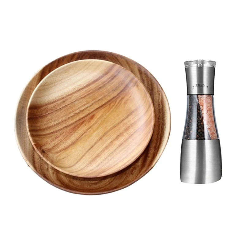 

3 Pcs Kitchen Accessories: 2Pcs Round Wood Plate Whole Acacia Wood Fruit Dishes & 1 Pcs Pepper and Salt Grinder