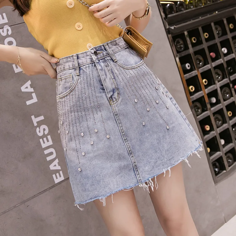 

2021 Summer New High Waist Fashion Nail Beading Fake Hot Drilling Torn Edge Skirts Women Solid Casual A-line Denim Skirt Female