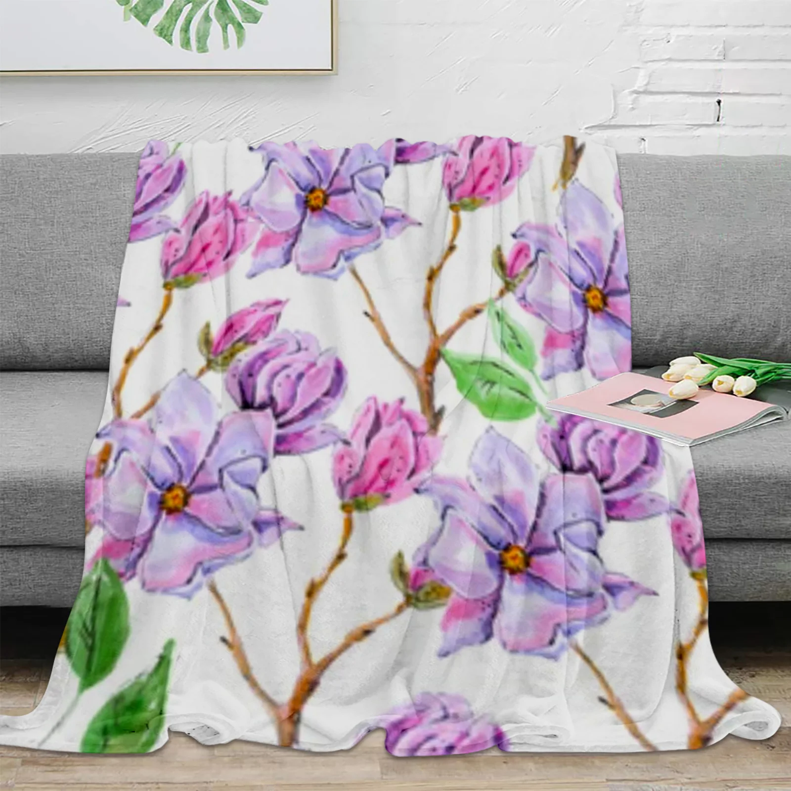 

Purple Magnolia Flower Throw Blanket For Sofa Bed Bedroom Bedspread Soft Microfiber Flannel Throw Blanket For Kids Gifts