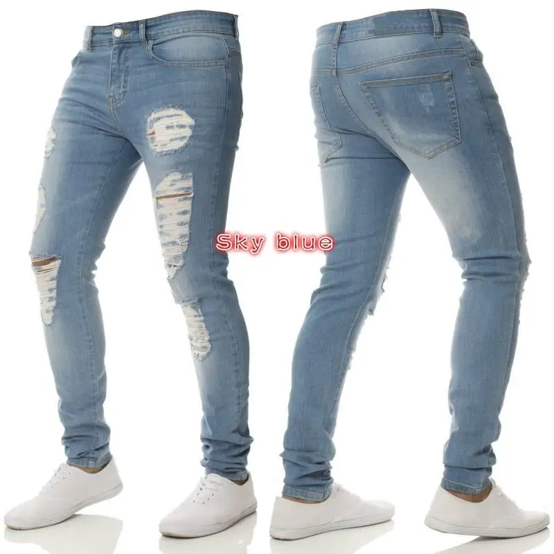 Men's Slim Fit Ripped Biker Pencil Pants Solid Color Frayed Male Pants Jeans Men Jeans Casual Fashion Long Pants Trousers