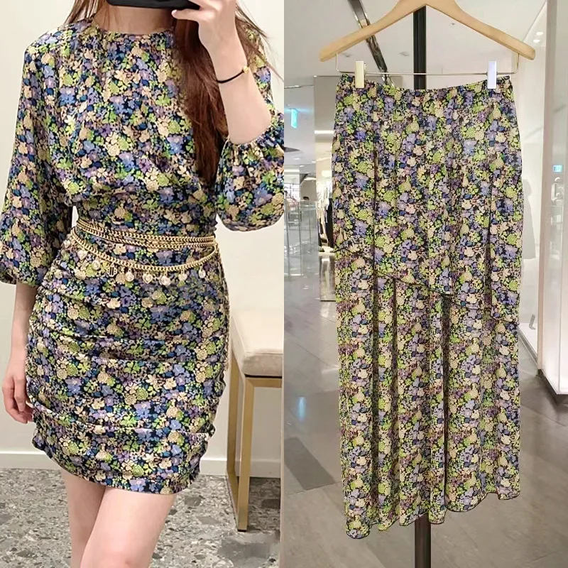 

2023 Summer New Female Vintage High Waist A-Line Patchwork Mid-Length Jupe Women O-Neck Lantern Sleeve Slim Pleated Sexy Dress