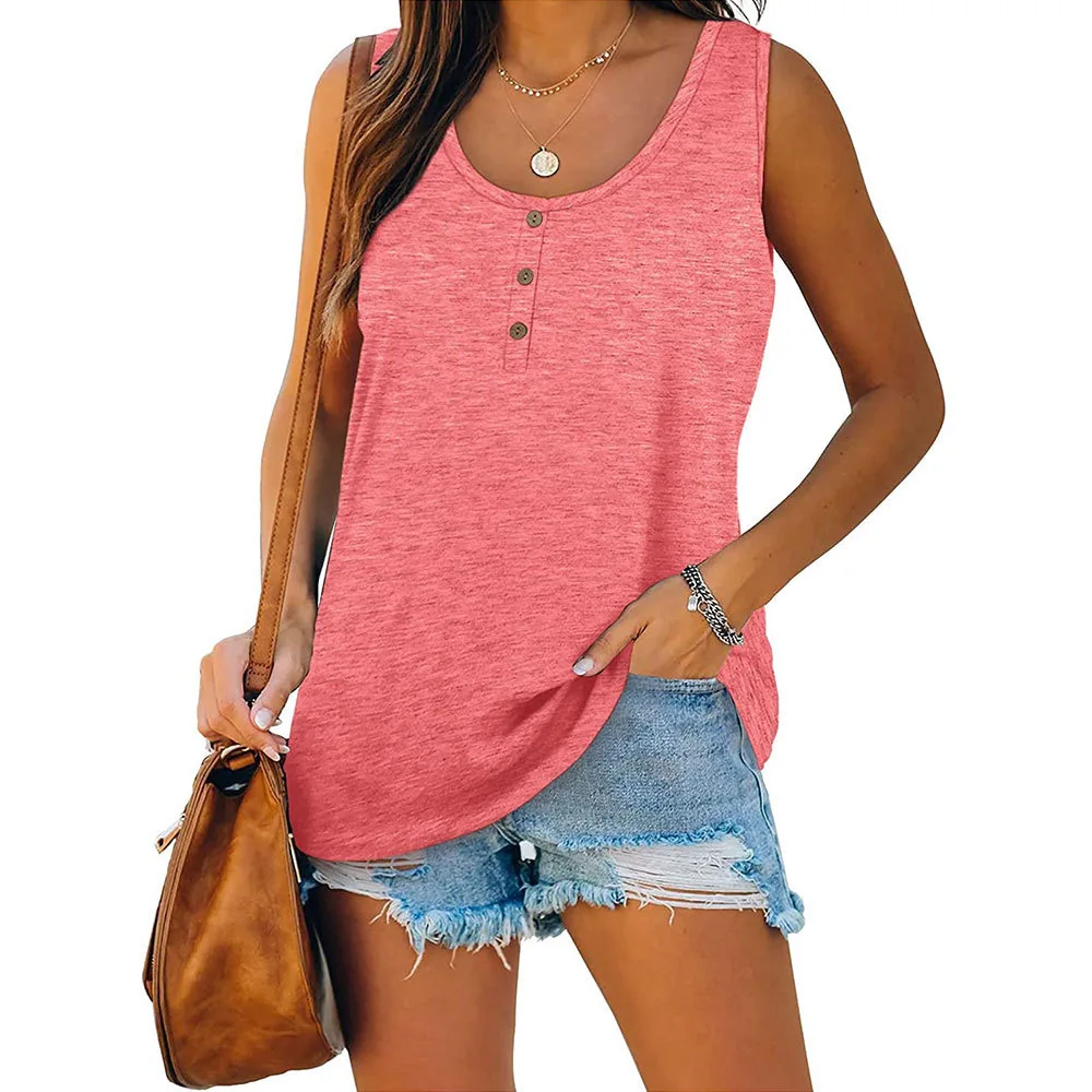 

Майка женская без рукавов, пикантный свободный однотонный топ на пуговицах, с круглым вырезом, Повседневная пляжная одежда, серая Розовая б...