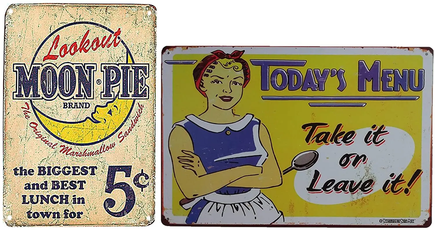 

Moon Pie и современное меню, винтажные жестяные знаки, 2 шт., 12x8 дюймов