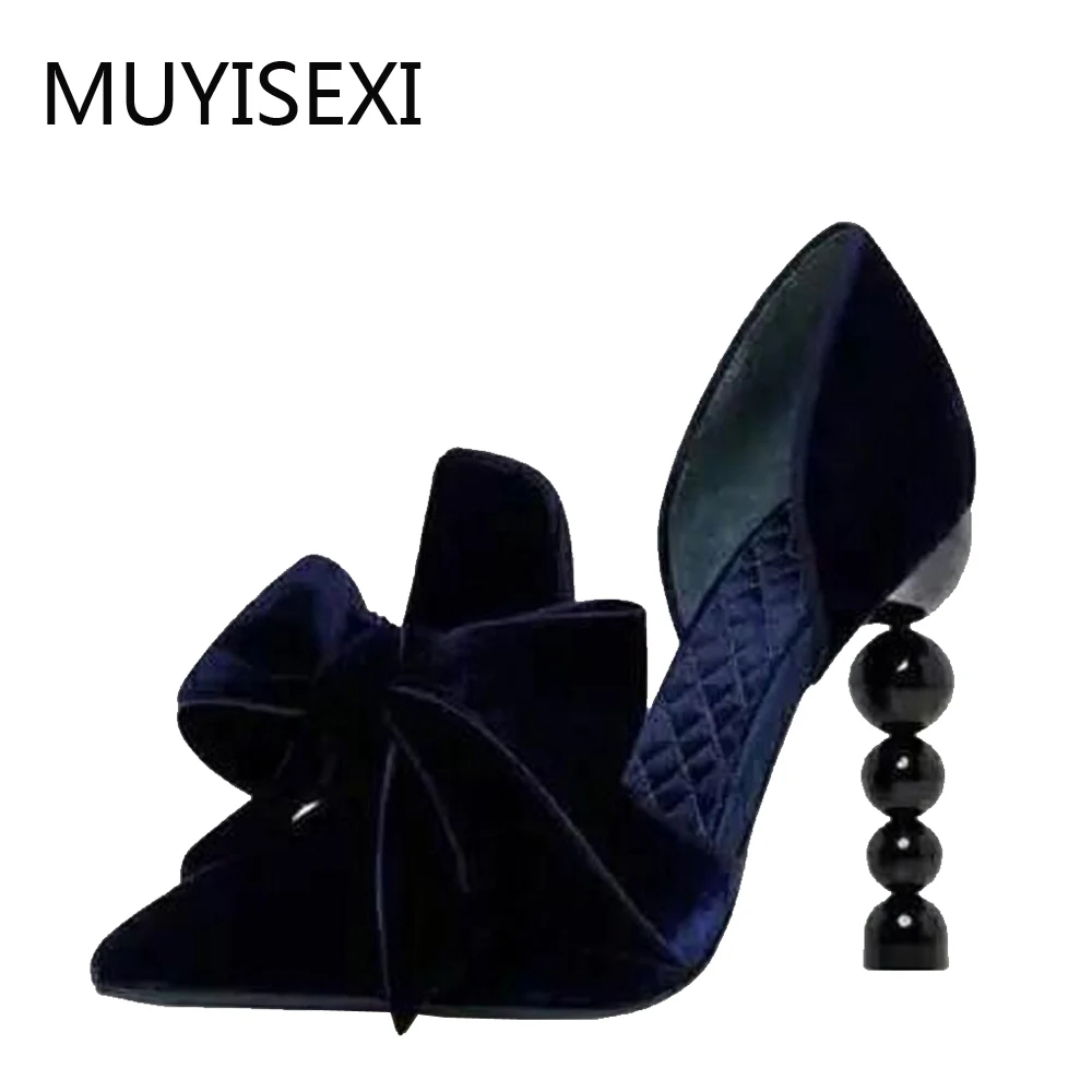 

Navy Blue Brand Designer Women Shoes Pearl High Heel Pointed Toe Velvet Bow 9 cm Stiletto Party Shoes Pumps 34-43 YT02 MUYISEXI