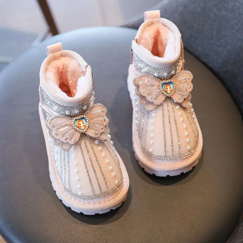 Детская обувь теплые мягкие сапоги с жемчугом модные зимние новые универсальные