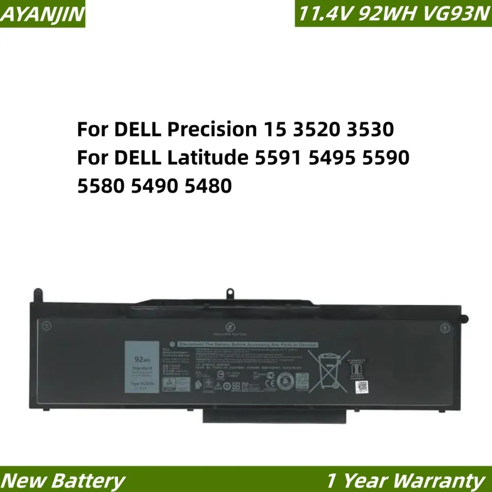 Фото Аккумулятор для ноутбука VG93N 8070 мАч для DELL Precision 15 3520 3530, для DELL Latitude 5591 5495 5590 5580 5490 5480 серии, 11.4В 92Втч №1