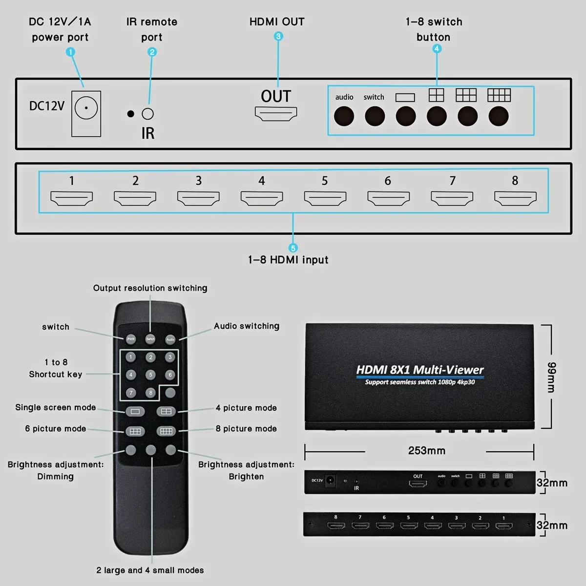 Мультивьювер HDMI 4K 8x1, 1080p, с функцией Quad Screen, 8 входов 1 выход, бесшовный переключатель экранов, сплиттер для PS4, камеры, ПК, ТВ, проектора (art.: 3920da7d43e00) - 3920da7d43e00