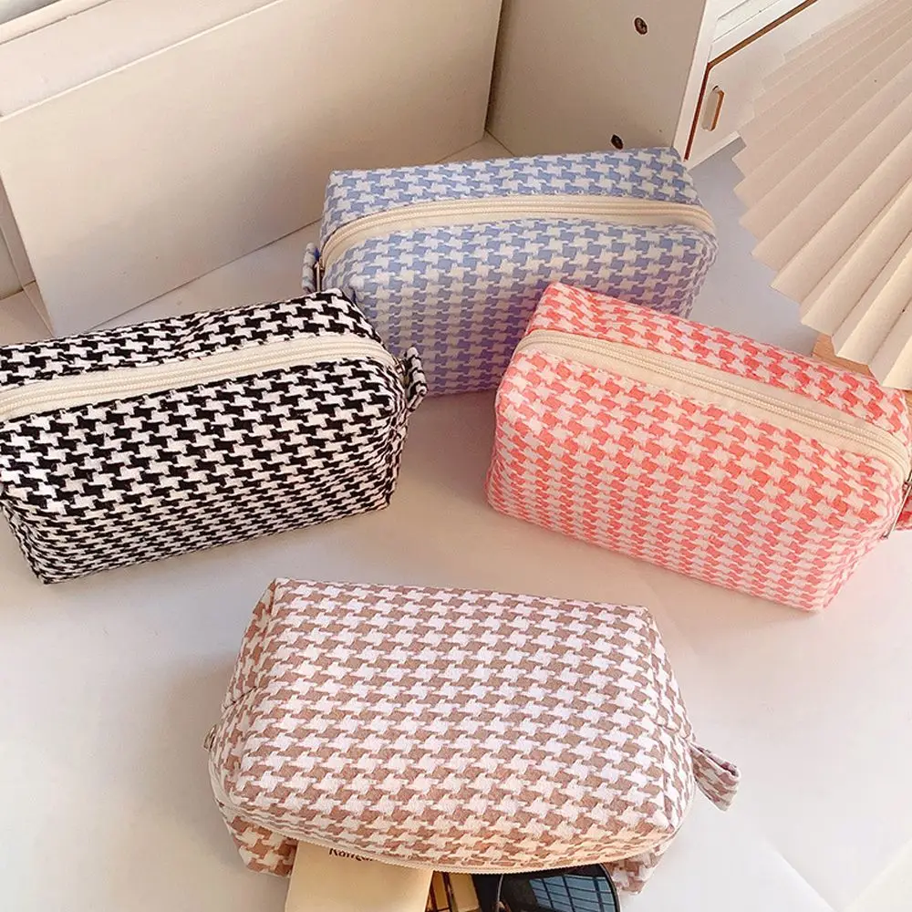 

Portable Student Hand Bag Houndstooth Plaid Sundries Candy Color Cosmetic Organizer Storage Pouch Makeup Bag Wash Bag