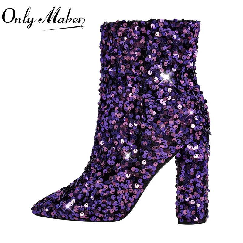 

Женские ботильоны на молнии Onlymaker, тканевые полусапожки с острым носком и блестками, шикарные полусапожки большого размера