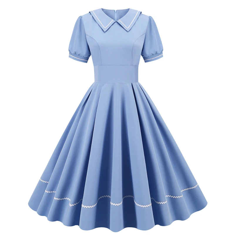 

Summer Fashion Women Short sleeve Peter Pan collar Vintage Retro Blue 50s 60s Pin up A Line Skater dress