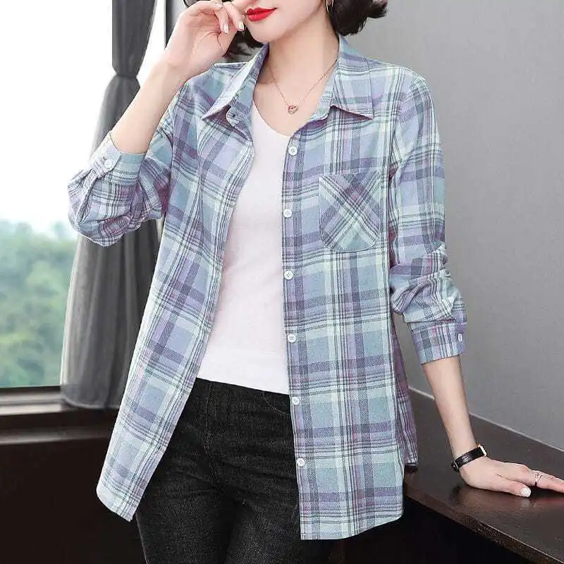 

Женская клетчатая рубашка-поло с длинным рукавом, свободная тонкая рубашка-поло в Корейском стиле, однобортный хлопковый топ с нагрудным карманом