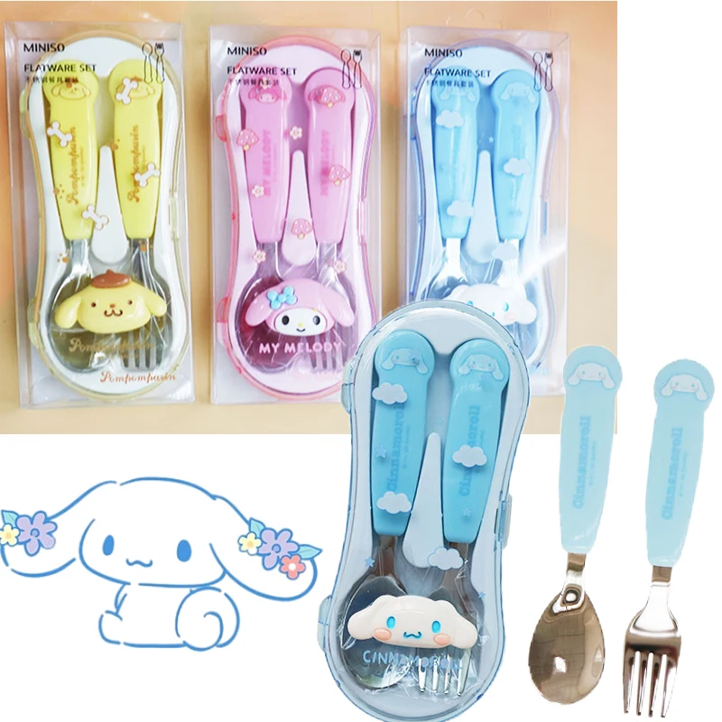 

Kawaii Miniso Sanrio Cinnamoroll Mymelody Pompom Purin Stainless Steel Cutlery Set High-Value Fork Spoon School Kids Toys Gift
