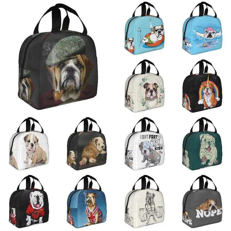 English Bulldog Painting Lunch Bag Portable Cooler Thermal Insulated British Dog Lunch Tote Box for Women Kids School Food Bags