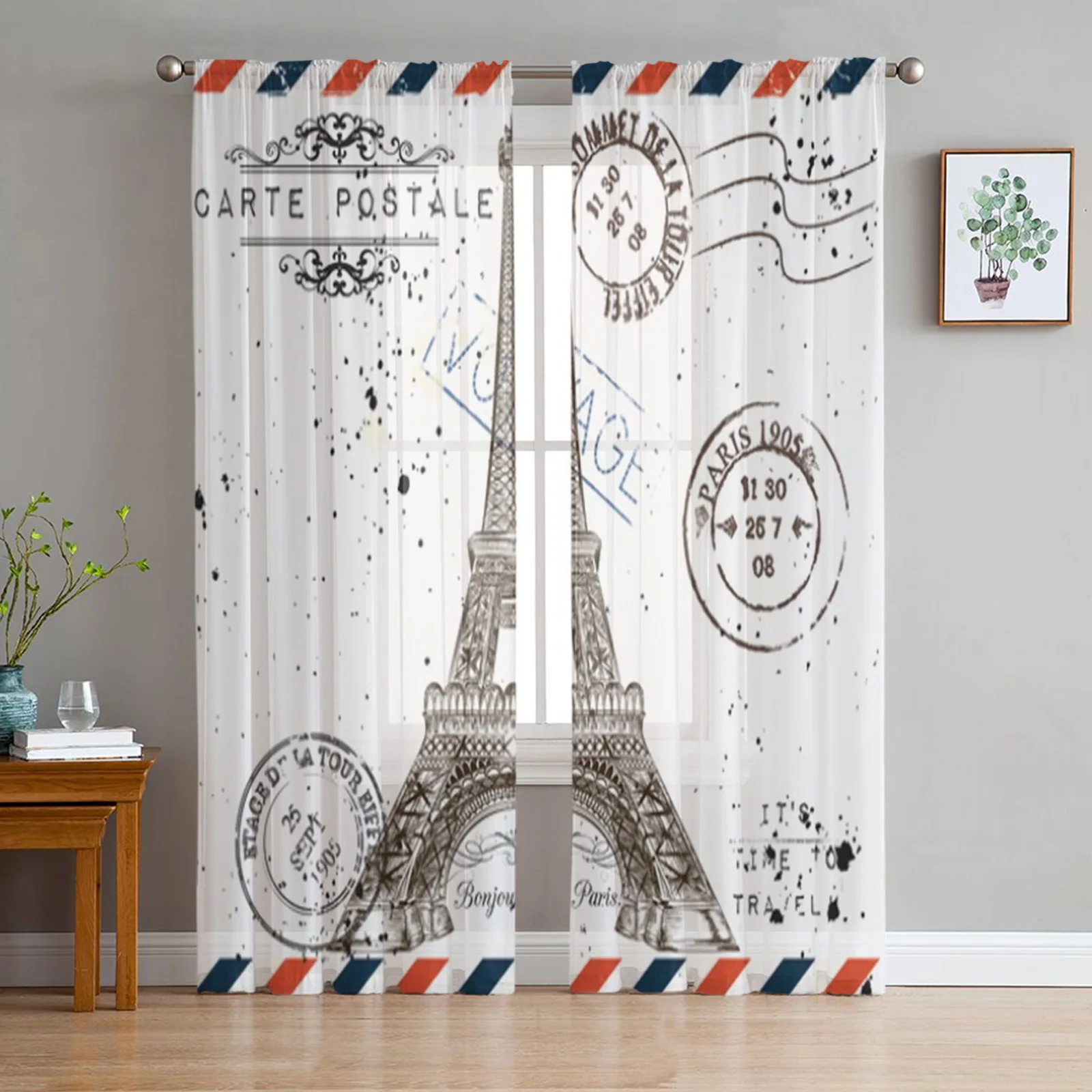 

Vintage Stamp Eiffel Tower Tulle Curtains for Bedroom Home Decor Living Room Kitchen Voile Curtains for Blind Drapes