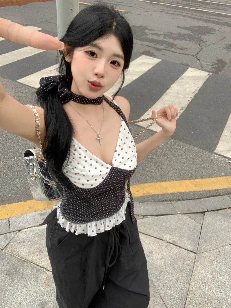 Pphome Lace Pure Desire ~ Лоскутная майка в горошек контрастного цвета для женщин летний топ