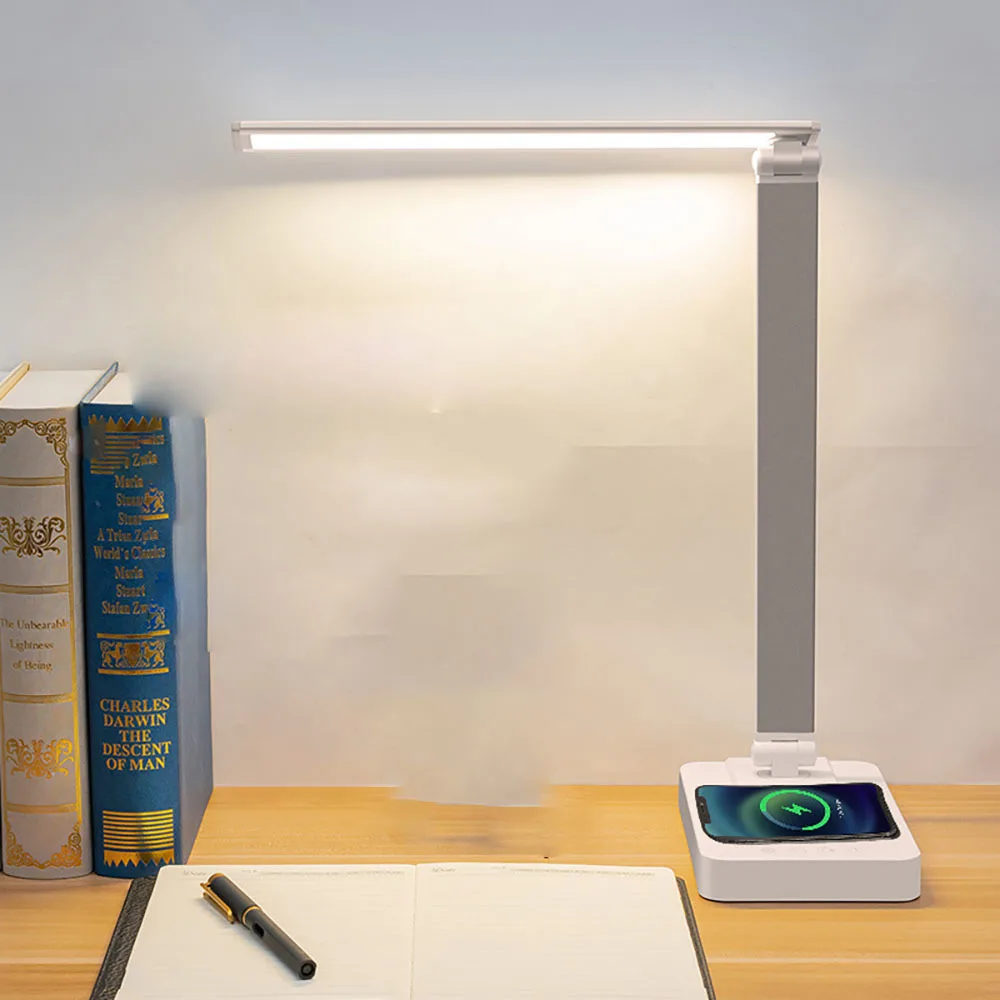 

Светодиодная настольная лампа с беспроводной зарядкой, перезаряжаемый офисный светильник для чтения, настольная лампа для работы, прикров...