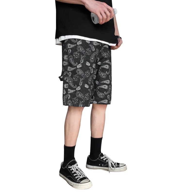 Streetwear Vintage Jeans Summer Fashion Printed Baggy Denim Shorts Men's Button Mid-Waist Denim Straight Shorts