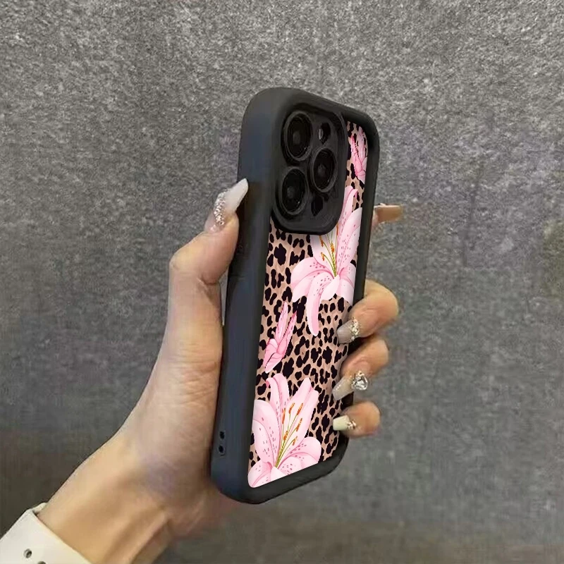 Фото Чехол для телефона с леопардовым принтом и розовыми лилиями для iPhone 17 16 Pro Max 11 13 12 14 15 8 7 Plus XS XR X 16E 17E, противоударный, из ТПУ №3
