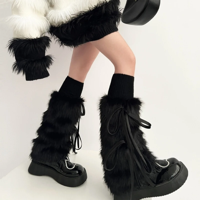 Фото JK Girls Boot Cuffs гетры женские зимние теплые Harajuku милая лента с бантом пушистый плюшевый мех белые длинные носки №3