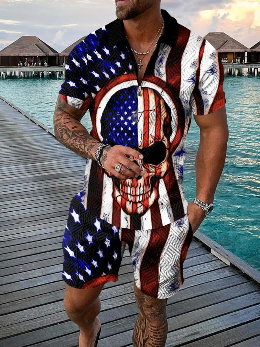 

New Fashion American Flag 3D Printed Polo Shirt Set 2Piece Suit Casual Tracksuit Street Outfits Summer Short Sleeve Male Clothes