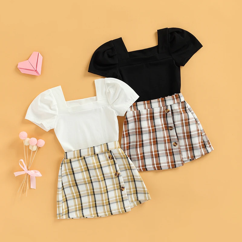 

1-6 Years Summer Children Girls Clothes Short Puff Sleeve Square Neck Solid Color T shirt Check Pattern Mini Skirt Outfit