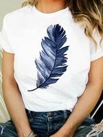 blue feather printed short sleeves white o neck t shirts ladies tshirt for woman simple young girls tops tees womens clothing