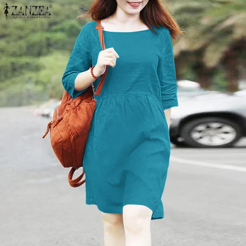 

Элегантное свободное однотонное платье ZANZEA 2022 летнее хлопковое офисное платье OL Женский Повседневный кафтан с коротким рукавом офисное пл...