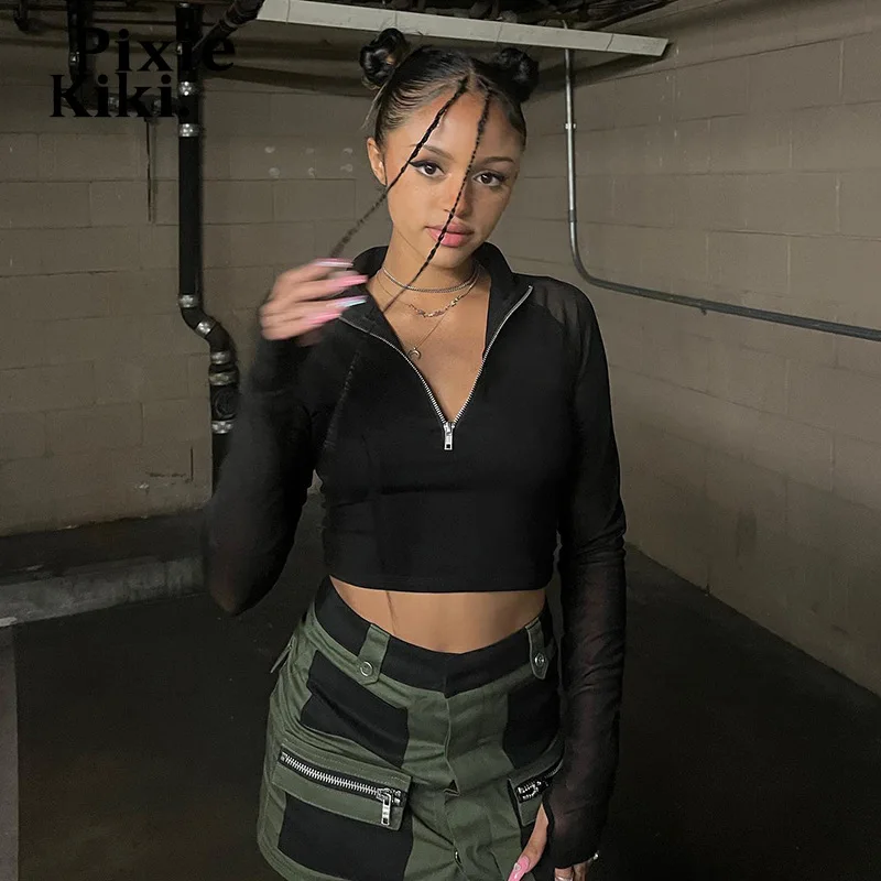 

Женский укороченный топ на молнии PixieKiki, черный сетчатый Прозрачный Топ с длинным рукавом, уличная одежда Y2k, осень 2022, модные сексуальные об...
