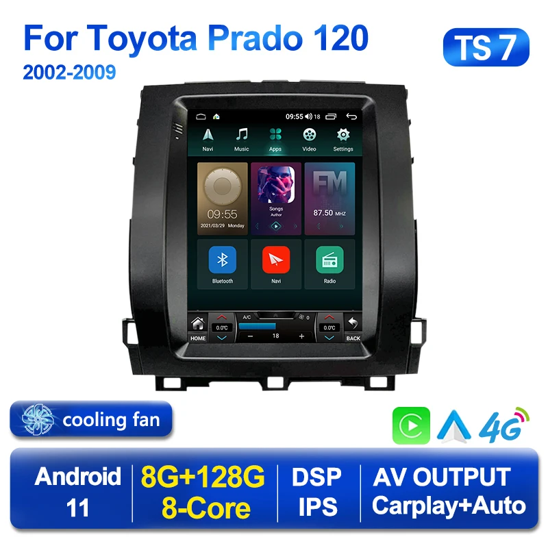 Экран в стиле Tesla для Toyota Land Cruiser Prado 120 2002 - 2009 Android 11 Carplay Авторадио мультимедийный
