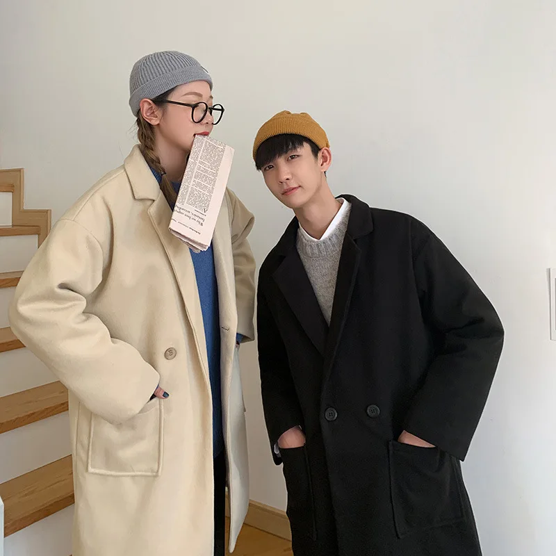 Woolen coat men's winter trend mid-length windbreaker new style plus velvet thickening couple's woolen coat Men's jacket parkas